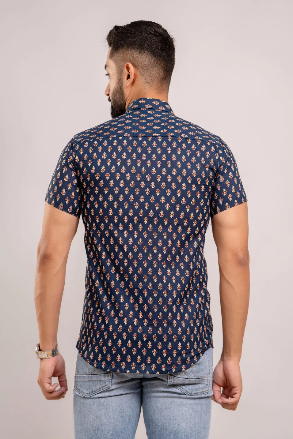 Men Navy Blue Ethnic Printed Short Sleeves Casual Cotton Shirt