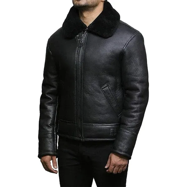 Men's Black Faux Shearling Real Leather Jacket