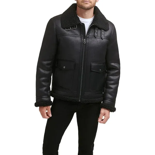 Men's Black Faux Shearling Real Leather Jacket