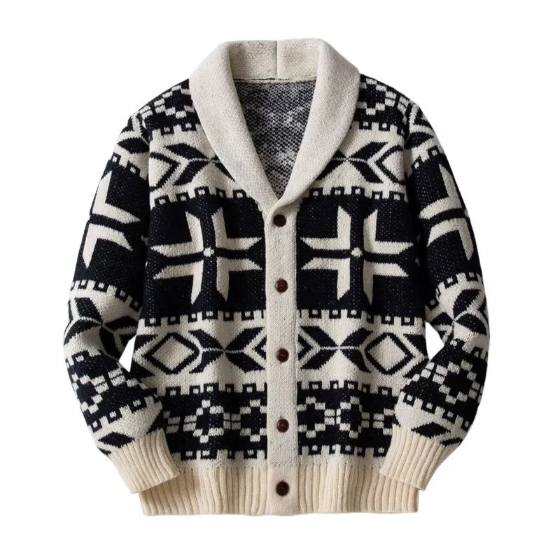 Men's Christmas Jacquard Thick Lapel Single Breasted Knitted Cardigan 59685073M