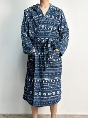 Men's Fleeced Night Robe Long Sleeve Hooded Cozy And Warm Loungewear Ethnic Style Winter
