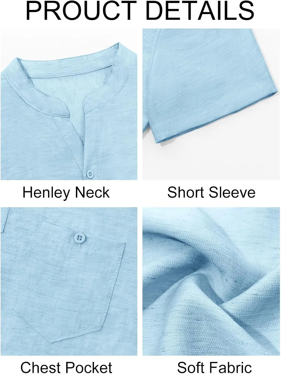 Runcati Mens Henley Shirt Short Sleeve Linen Casual V Neck Summer Beach Hippie Band Collar Textured Tops