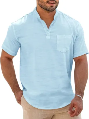 Runcati Mens Henley Shirt Short Sleeve Linen Casual V Neck Summer Beach Hippie Band Collar Textured Tops