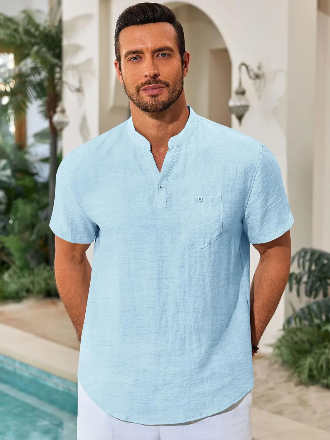 Runcati Mens Henley Shirt Short Sleeve Linen Casual V Neck Summer Beach Hippie Band Collar Textured Tops