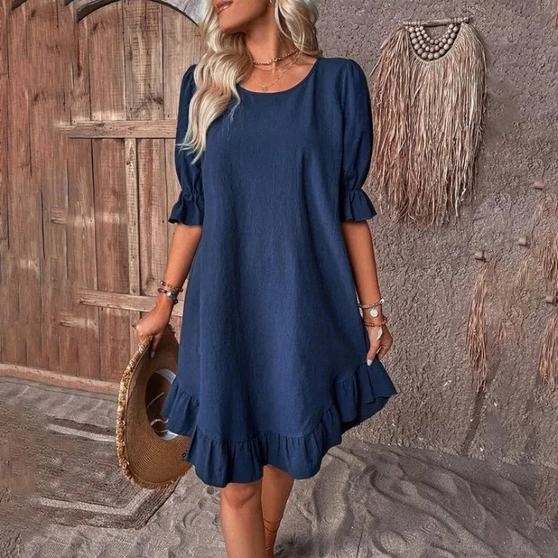 Solid Color Casual Loose Short Dresses For Women Summer A-Line Midi Dress