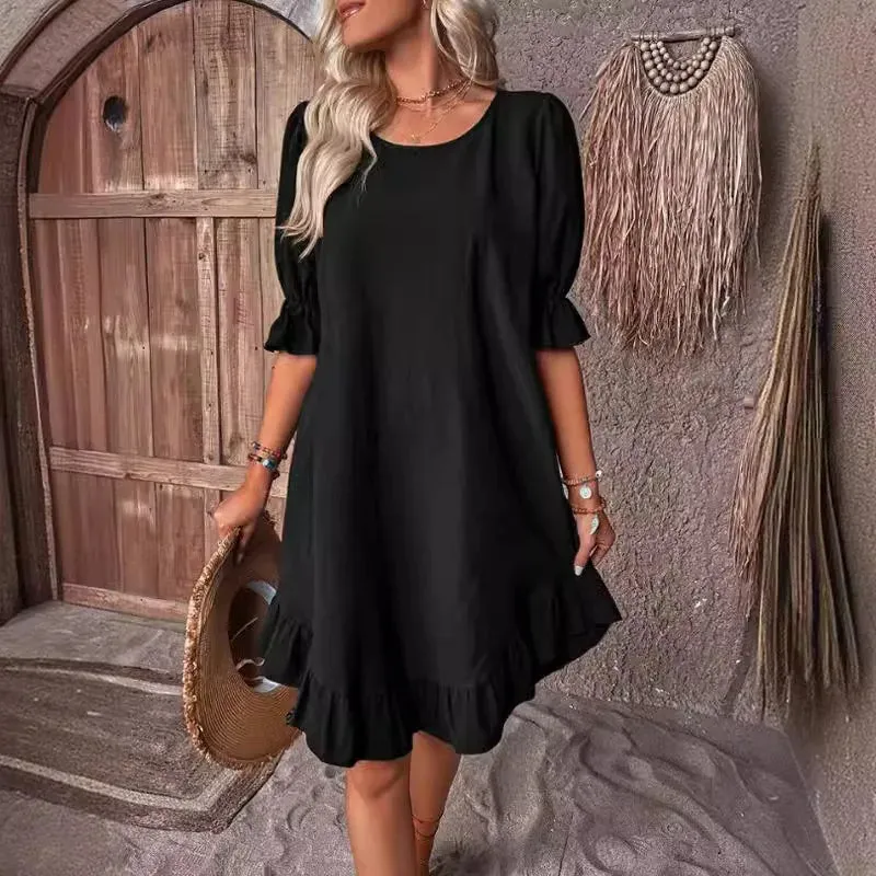 Solid Color Casual Loose Short Dresses For Women Summer A-Line Midi Dress