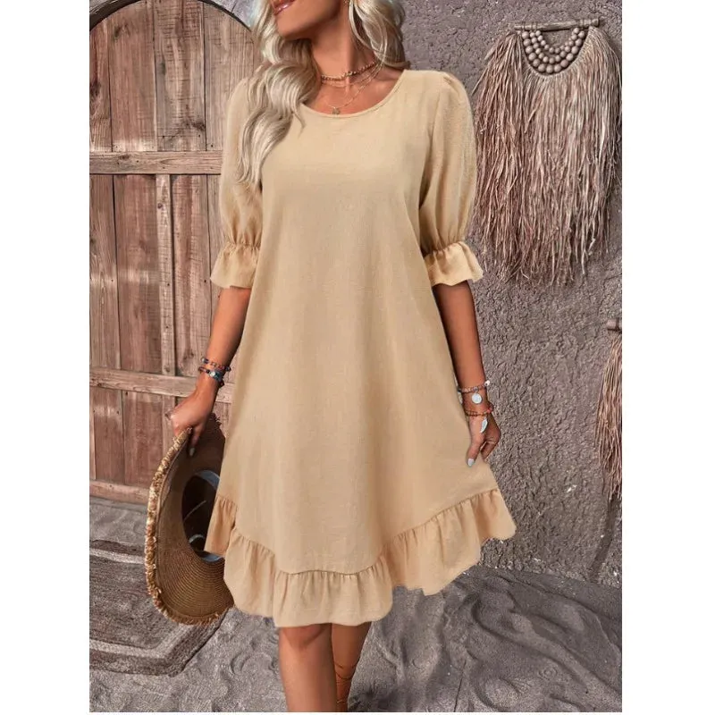 Solid Color Casual Loose Short Dresses For Women Summer A-Line Midi Dress