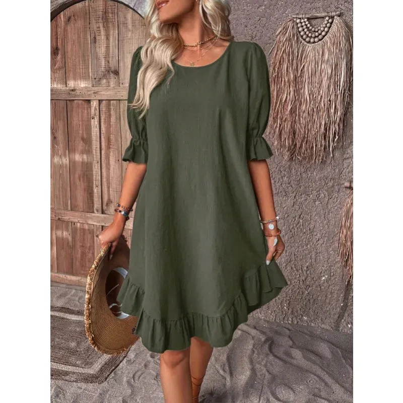 Solid Color Casual Loose Short Dresses For Women Summer A-Line Midi Dress