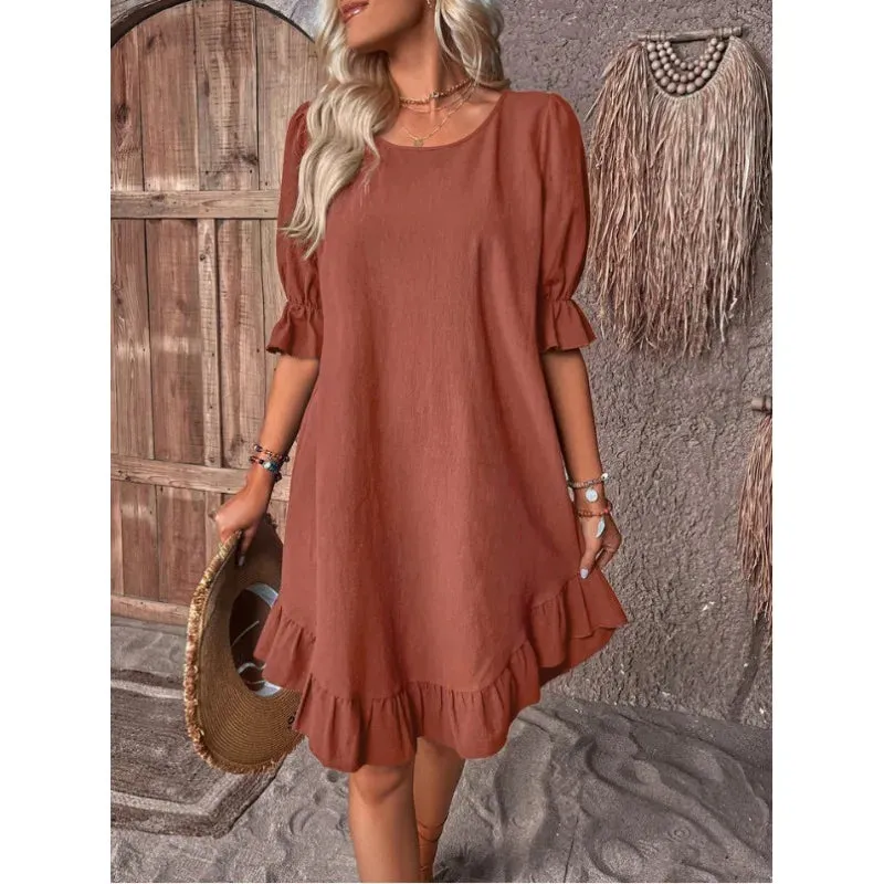 Solid Color Casual Loose Short Dresses For Women Summer A-Line Midi Dress