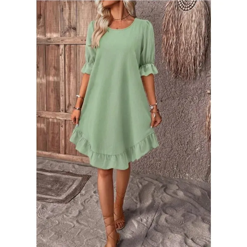Solid Color Casual Loose Short Dresses For Women Summer A-Line Midi Dress