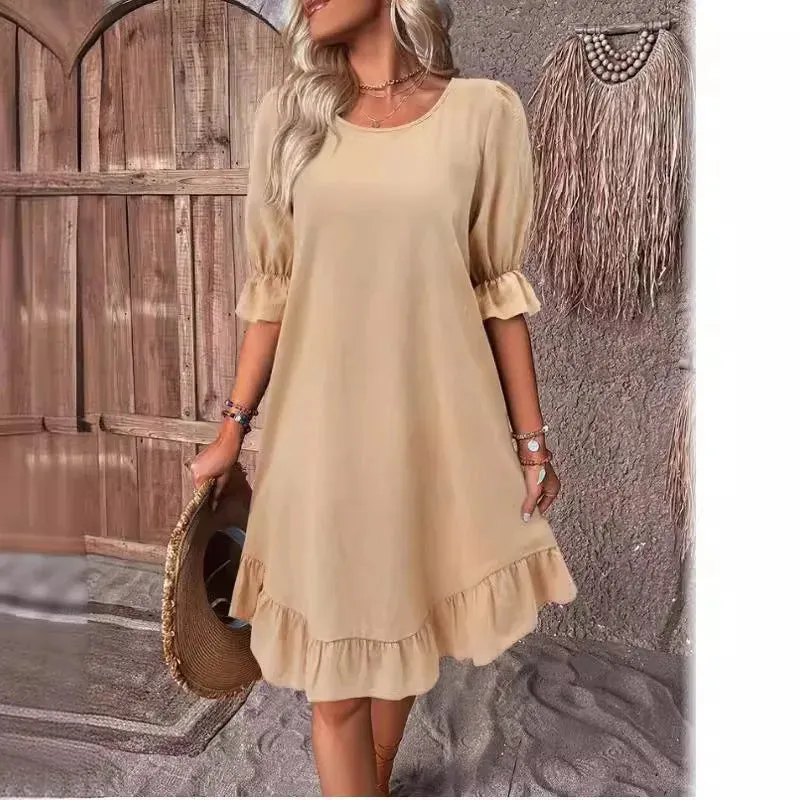 Solid Color Casual Loose Short Dresses For Women Summer A-Line Midi Dress