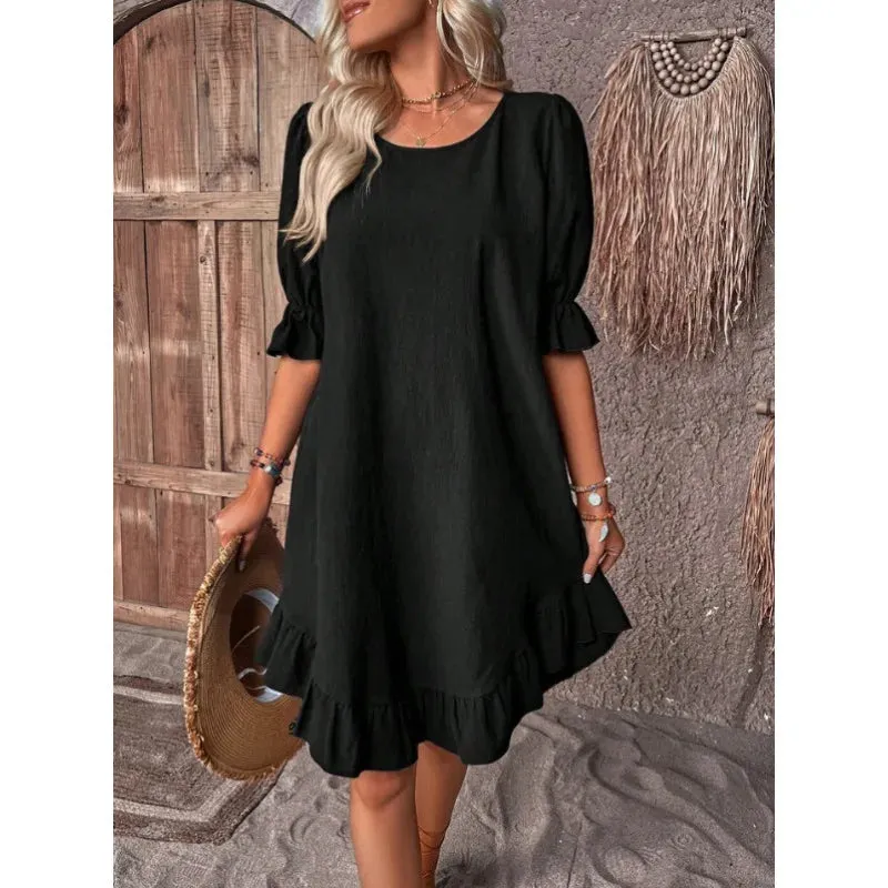 Solid Color Casual Loose Short Dresses For Women Summer A-Line Midi Dress