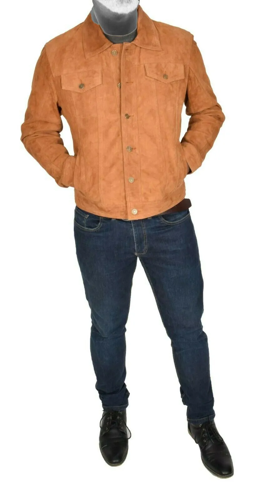 Spine Spark Men's Denim Style Soft Tan Suede Leather Jacket