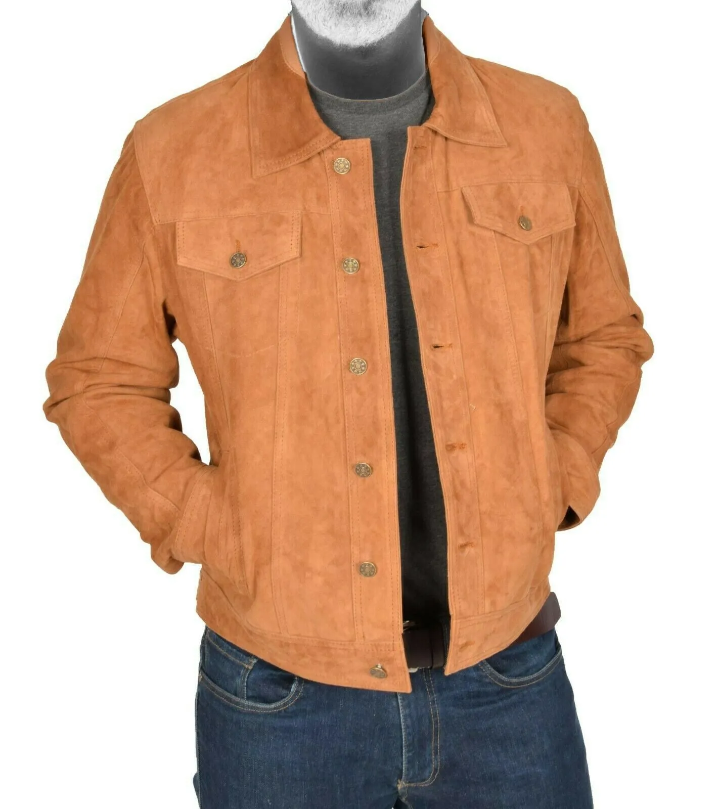 Spine Spark Men's Denim Style Soft Tan Suede Leather Jacket