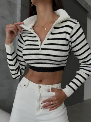 Stand Collar Stripe Long Modern Sleeve Crop Knit Top