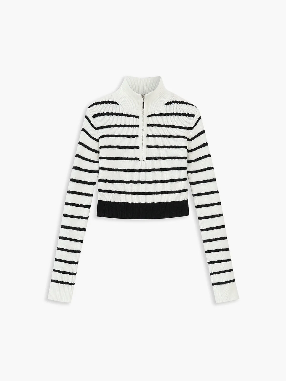 Stand Collar Stripe Long Modern Sleeve Crop Knit Top