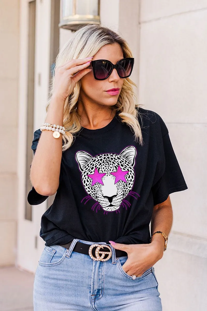 Star Eyes Pink Cheetah Short Sleeve Relaxed Fit T-Shirt