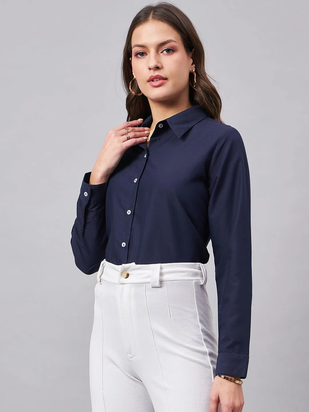 Style Quotient Women Smart Navy Spread Collar Full Sleeve Shirt