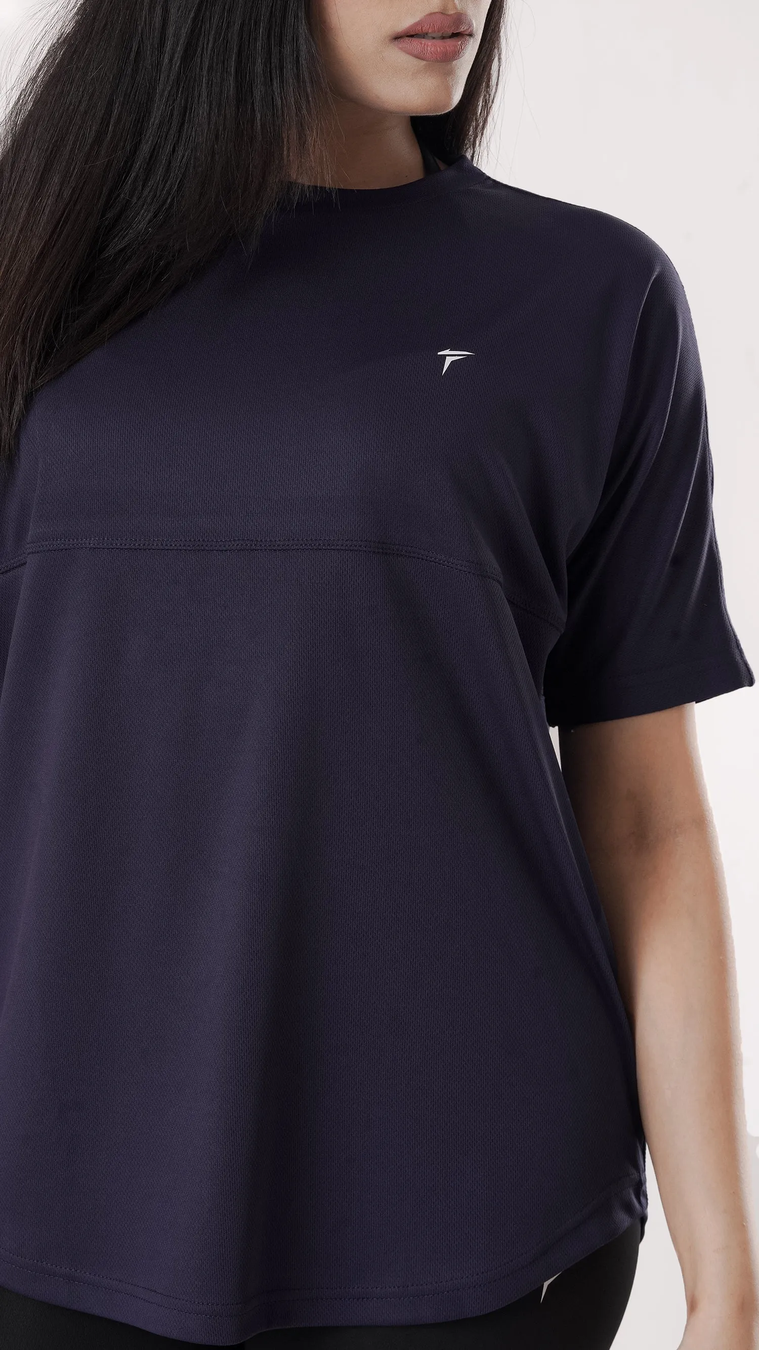 Tf-Navy Relaxed Fit Long Mesh Women Tee