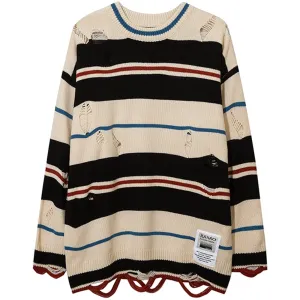 WLS Ripped Hole Stripe Knit Sweater
