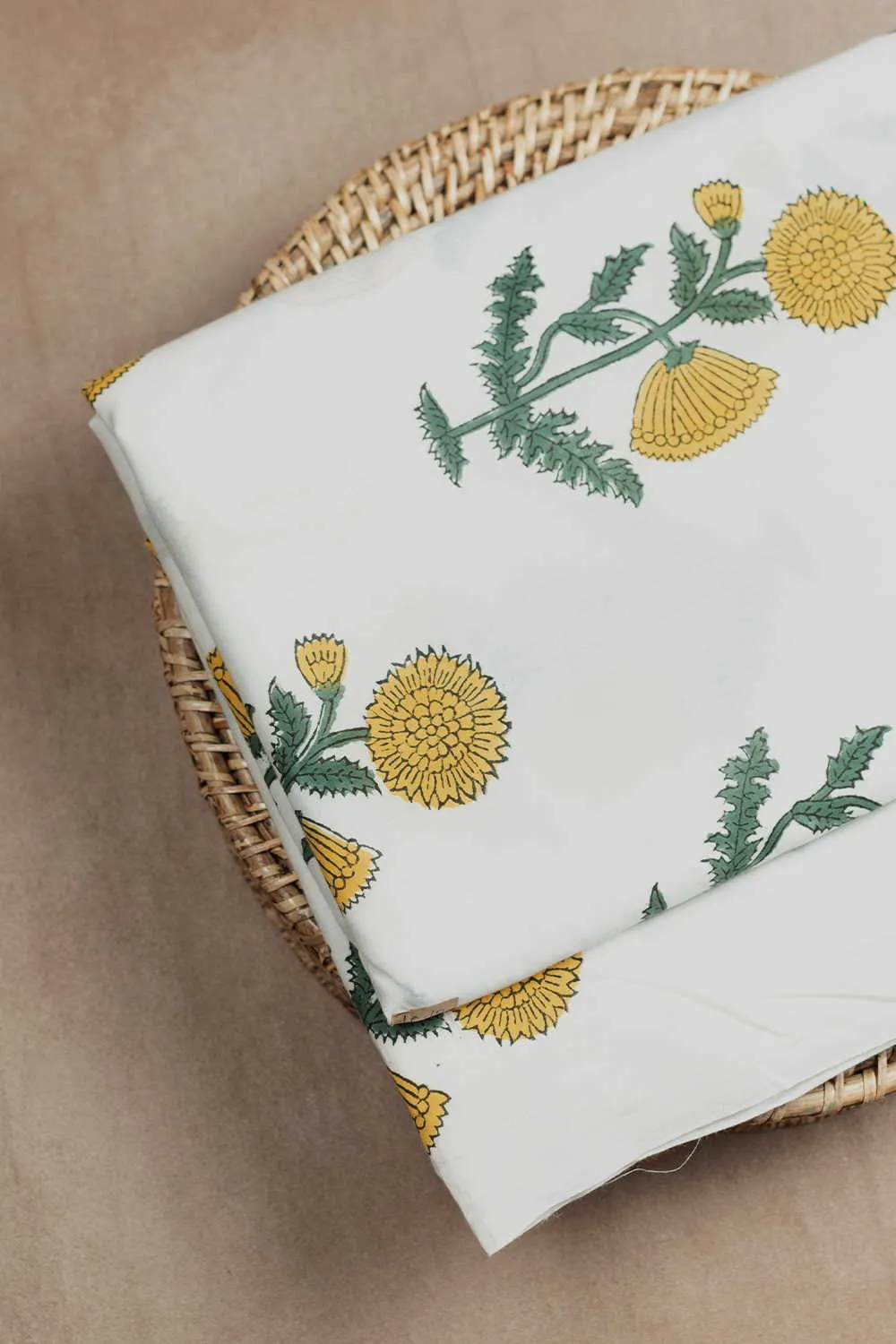 Yellow Flower Dust on Cream Sanganeri Cotton Fabric - 1.85m