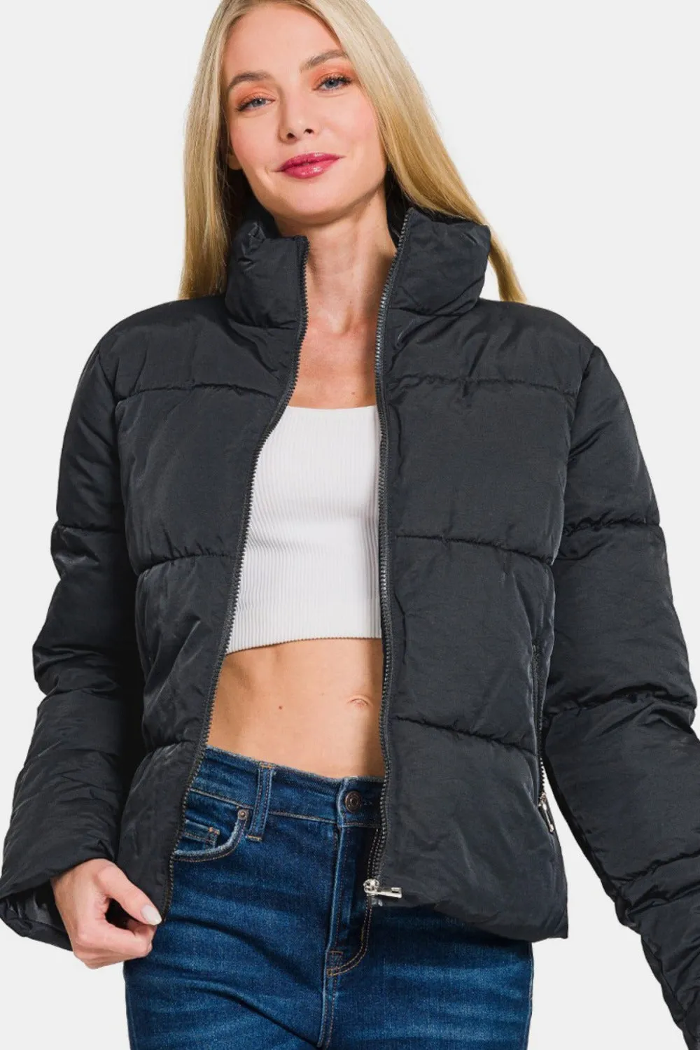 Zenana Black Zip Up Turtleneck Puffer Jacket with Pockets