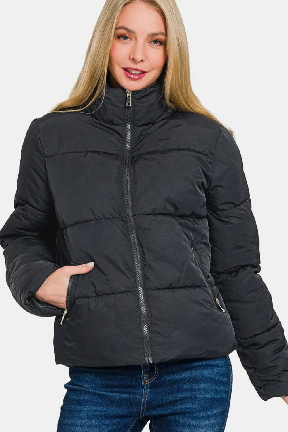 Zenana Black Zip Up Turtleneck Puffer Jacket with Pockets
