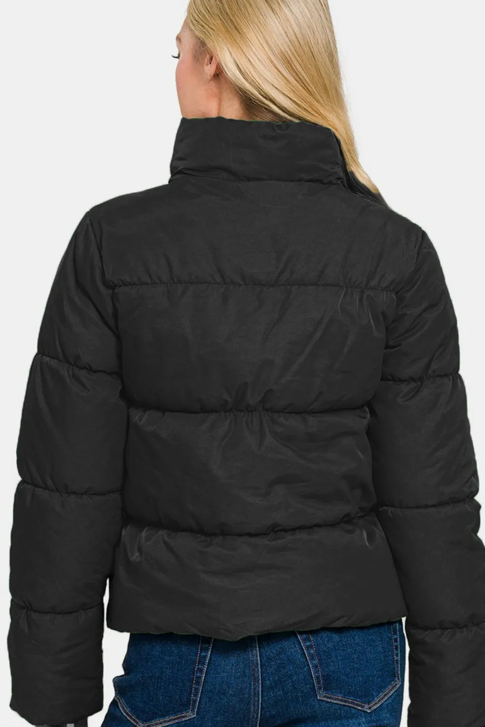 Zenana Black Zip Up Turtleneck Puffer Jacket with Pockets